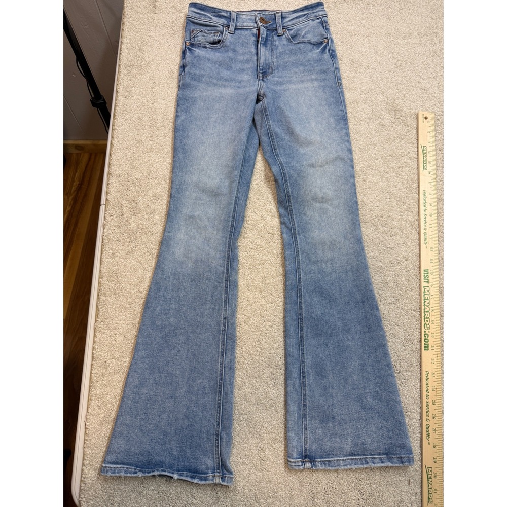Edgely Womens High Rise Flare Jeans Light Wash Blue Size 2 Reg Red Zipper Detail